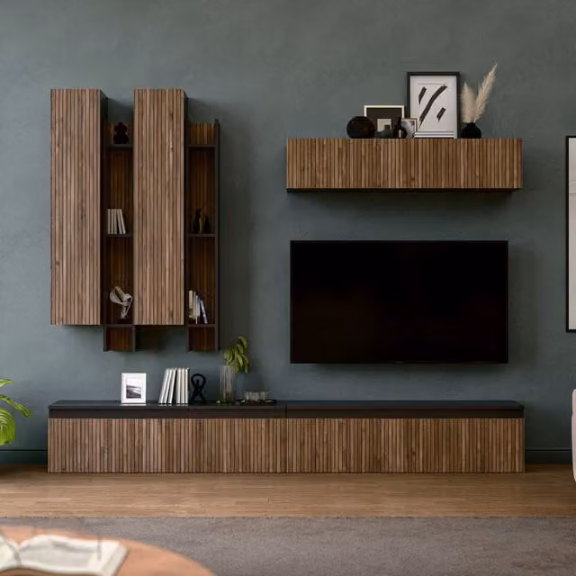 Decorotika Porto Wall Mounted Entertainment Center in Black and Alina Pattern