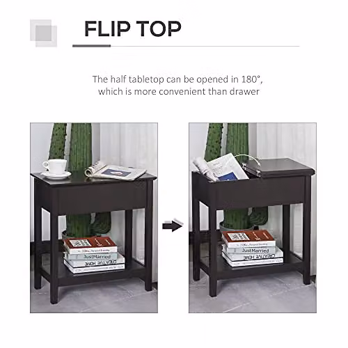 HOMCOM Retro Brown End Table with Flip Top and Storage Cabinet – 4