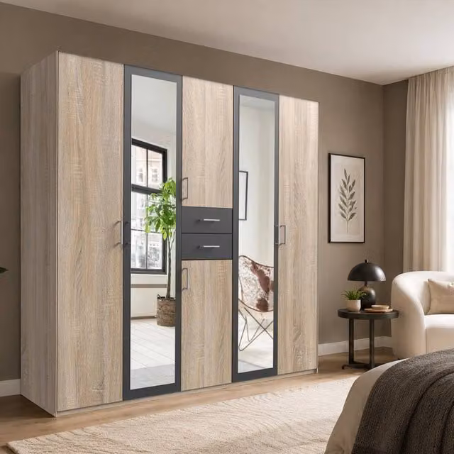 KDMD Greenwich Graphite 5 Door Mirrored Wardrobe in Brown and Grey, H 225 cm x W 225 cm x D 58 cm