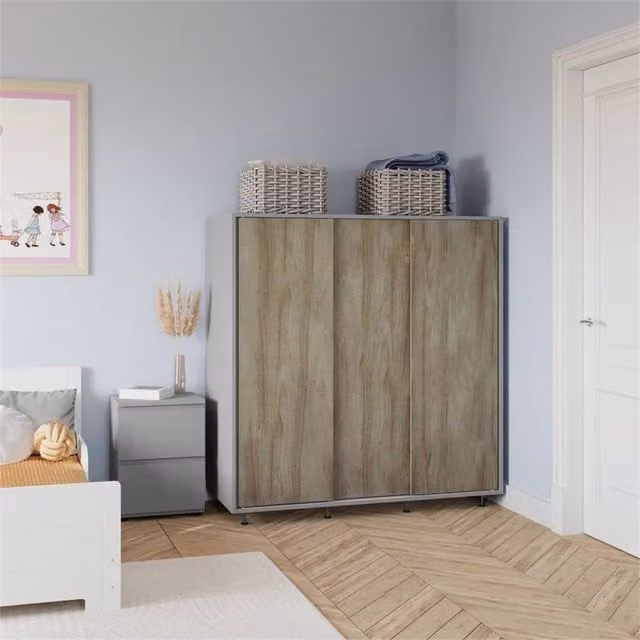 FORGEVIO Modern Grey Wardrobe with Oak Doors and Hanging Rail for Bedroom or Childrens Room – 1