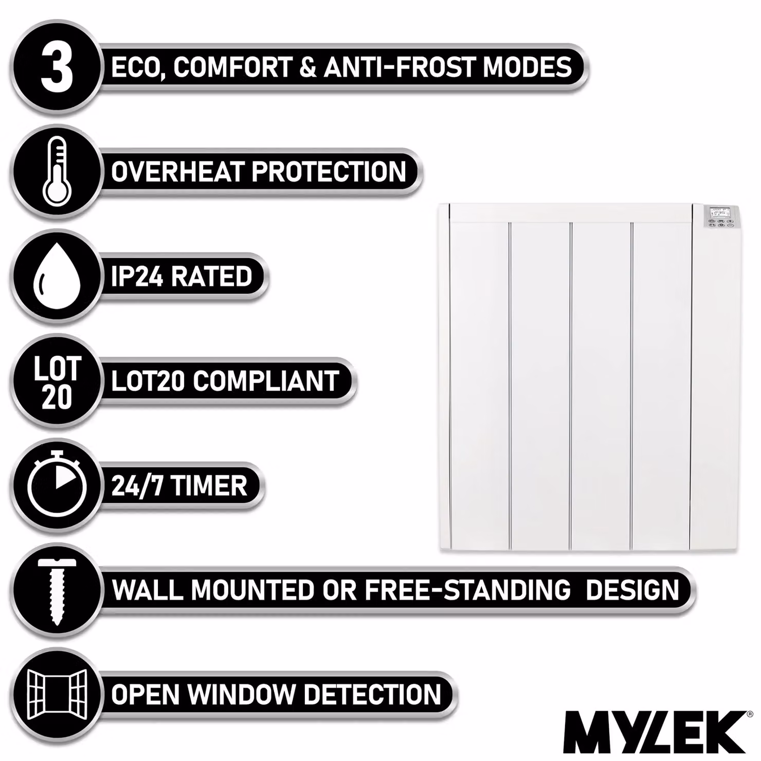 MYLEK 600W Ceramic Electric Panel Heater with Digital Timer in White – 2