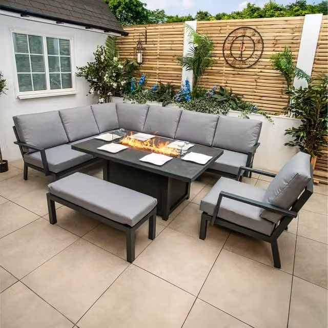 Bracken Outdoors Miami Deluxe Aluminium Rectangular Corner Firepit Table Set with Bench and Armchair in Anthracite Grey