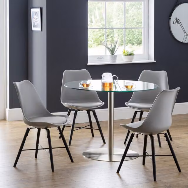 Julian Bowen Milan Round Glass Dining Table and Grey Synthetic Leather Kari Chairs Set