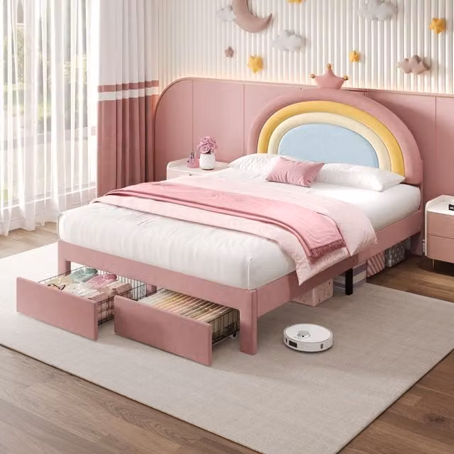 Matteo Pink Velvet Upholstered Rainbow Headboard With Crown for Childrens Bedroom, Double (140 x 200 cm)