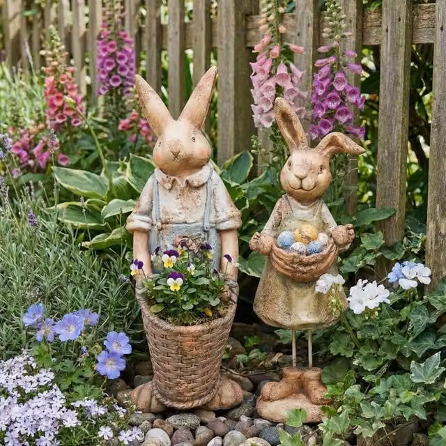 Wyld and Coco Set of 2 Multicolour Ceramic Cottage Easter Bunny Figurines – 1