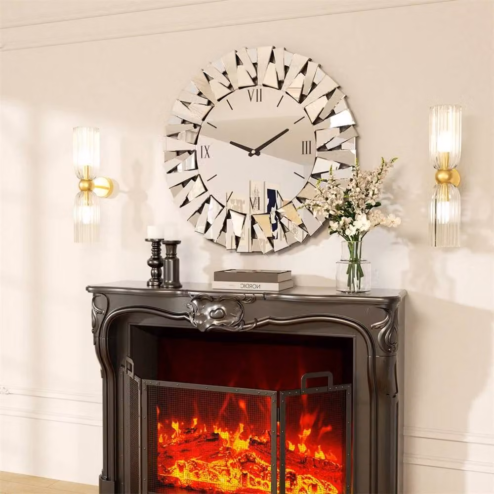FLAVORA Sunburst Silent Decorative Mirror Wall Clock in Silver, Diameter: 80 cm – 2