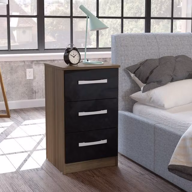 Birlea Modern Glossy Walnut and Black Bedside Cabinet