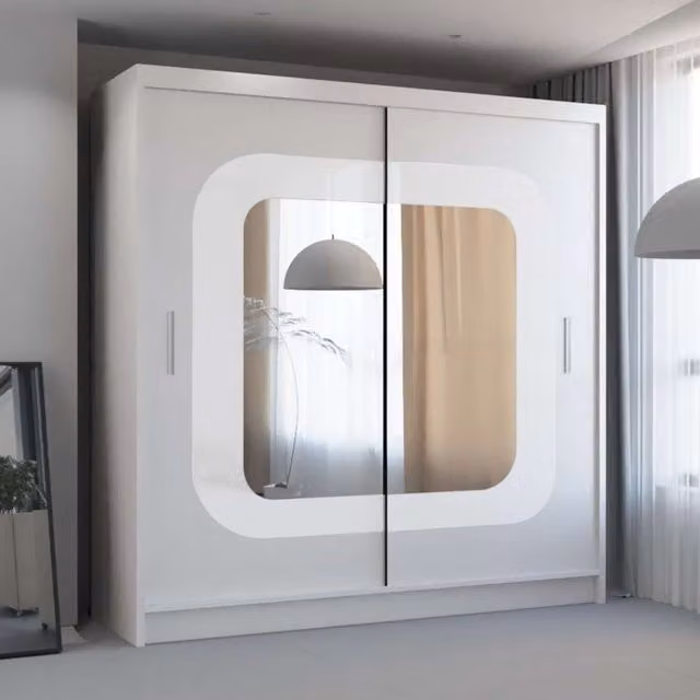 MN Furniture Modern White Glossy Wardrobe with Sliding Mirror Doors and Integrated LED Lighting W/H: 150 x 217 cm
