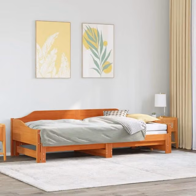 Berkfield Home Single Solid Wood Daybed with Trundle in Wax Brown, W/D/H: 90 x 190 cm