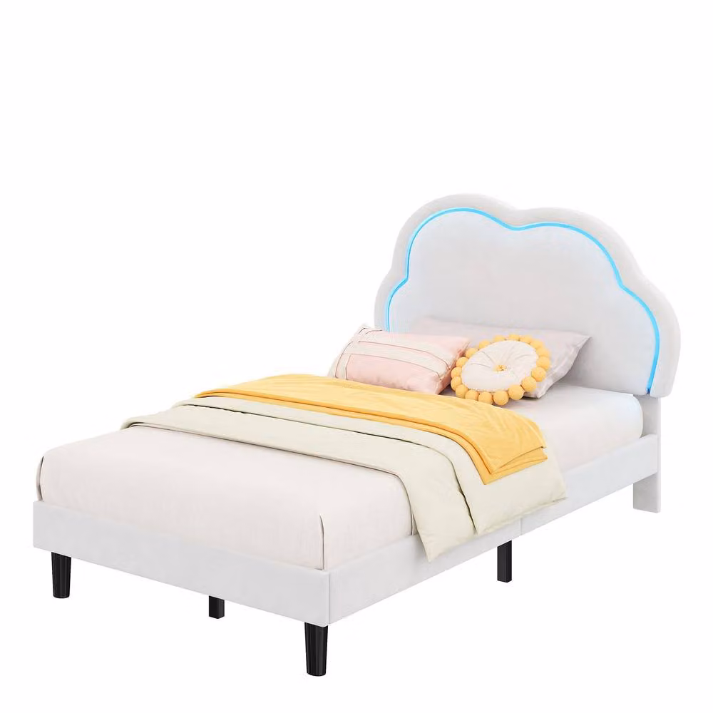 BTM Single Upholstered Velvet Bed Frame with LED Adjustable Headboard in White, W/D/H: 90 x 190 x 113 cm – 3