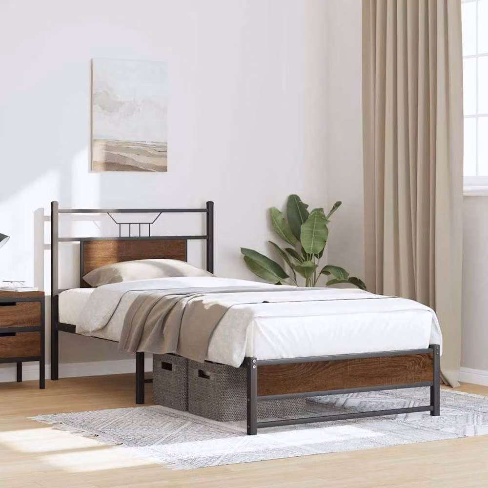 Berkfield Home Small Single Wood and Metal Bed Frame in Brown Oak, W/D/H: 190 x 80.5 x 91.5 cm – 3