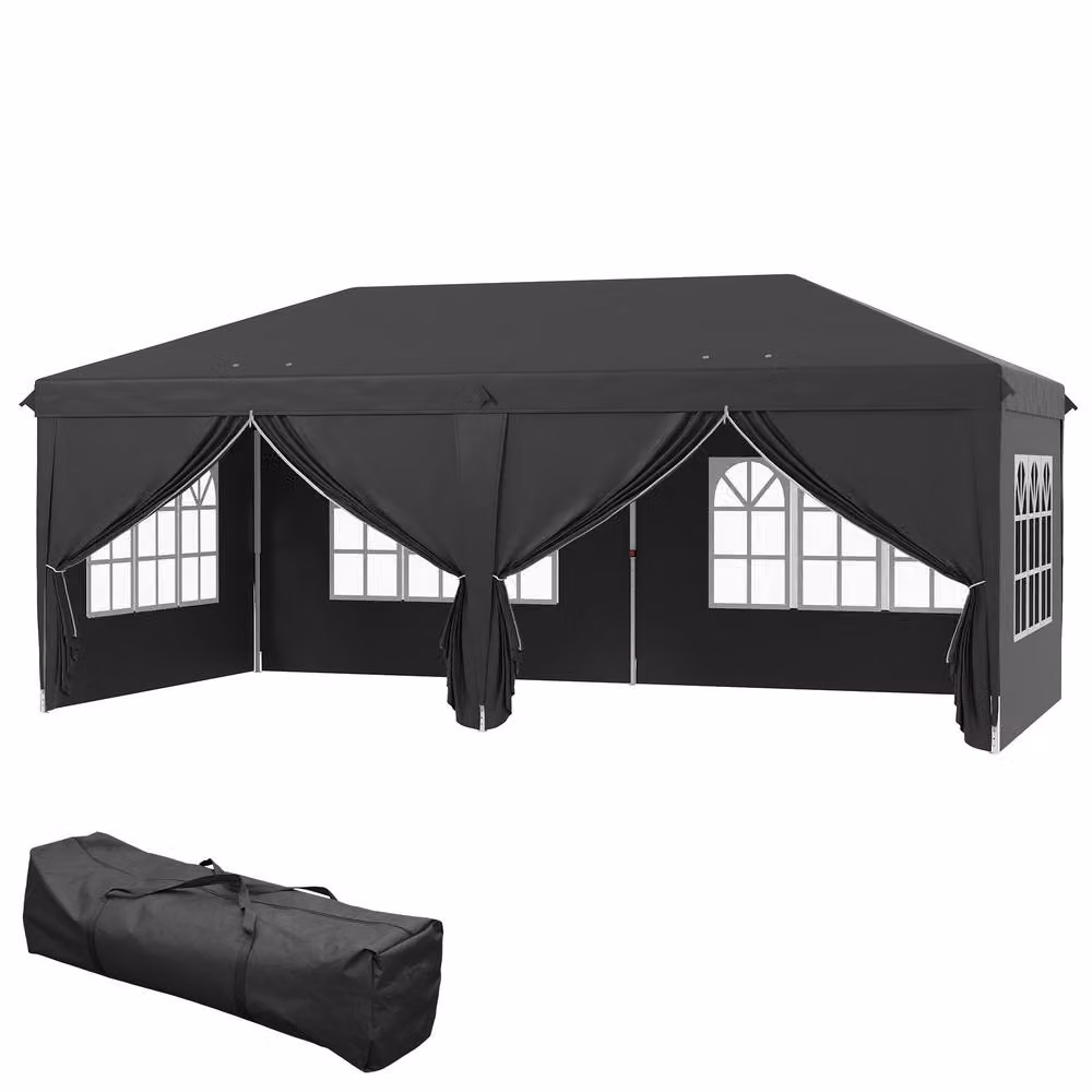 Outsunny Black Pop-Up Gazebo with Windows and Steel Frame, W: 585 cm, D: 300 cm, H: 205 cm – 2