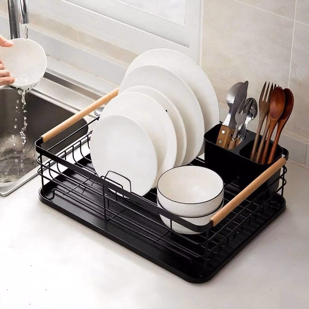 Kelvenix Black Kitchen Counter Dish Drainer Rack with Drip Tray and Cutlery Holder – 4