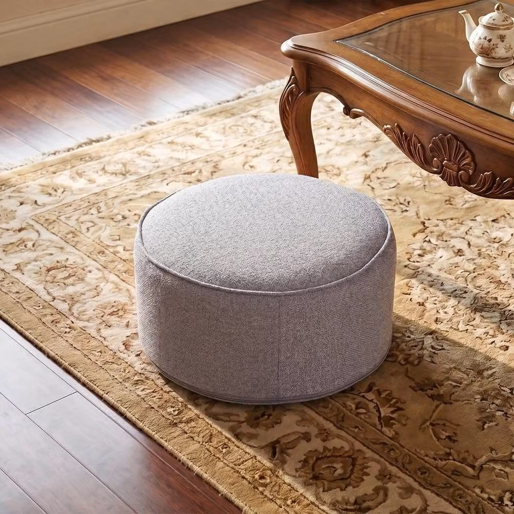 KORVIXA Grey Round Linen Bean Bag Pouf Ottoman Footstool, Diameter: 100 cm – 3