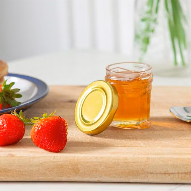 Argon Tableware Set of 12 Glass Jam Jars with Gold and White Screw Lids, 30 ml