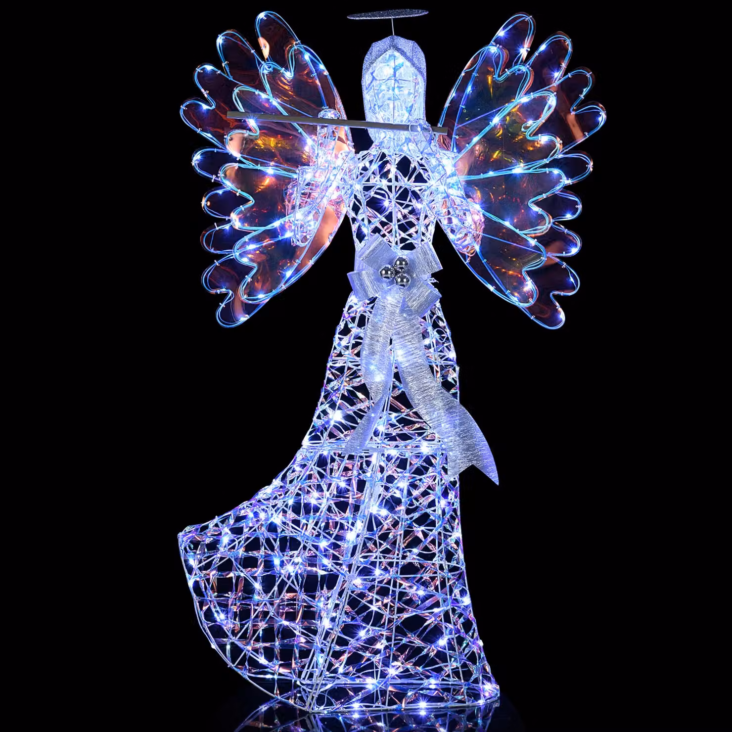 Costway 5.2 FT Lighted 3D Glittering Halo Angel Christmas Decoration in White and Multicolour – 9