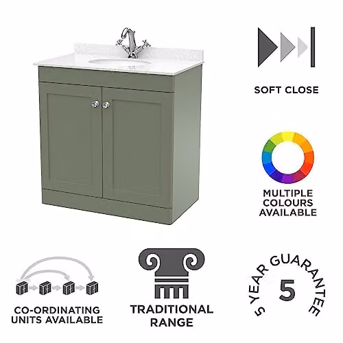 nuie Classique Traditional Bathroom Floor Standing 2 Door Unit with Marble Worktop and Round Basin, Satin Green and White, W: 800 mm – 2