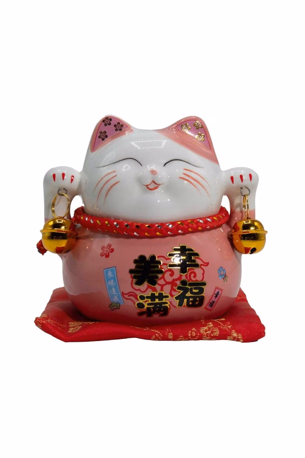 KDMD Ceramic Money Cat Bank with Bells in Pink, White, Red and Gold