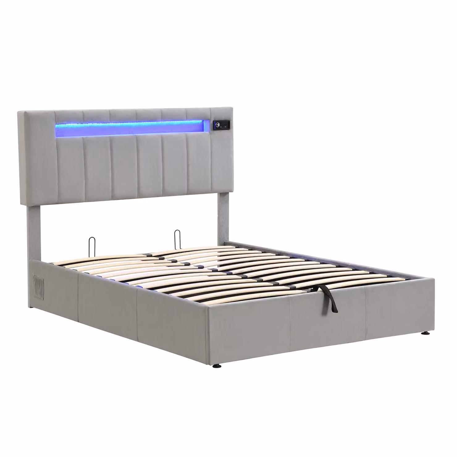 Aosom.UK Grey Velvet Upholstered Double Sofa Bed with Bluetooth Stereo, USB Ports, LED Lighting and Hydraulic Storage, W/D/H: 198 x 150 x 120 cm – 2