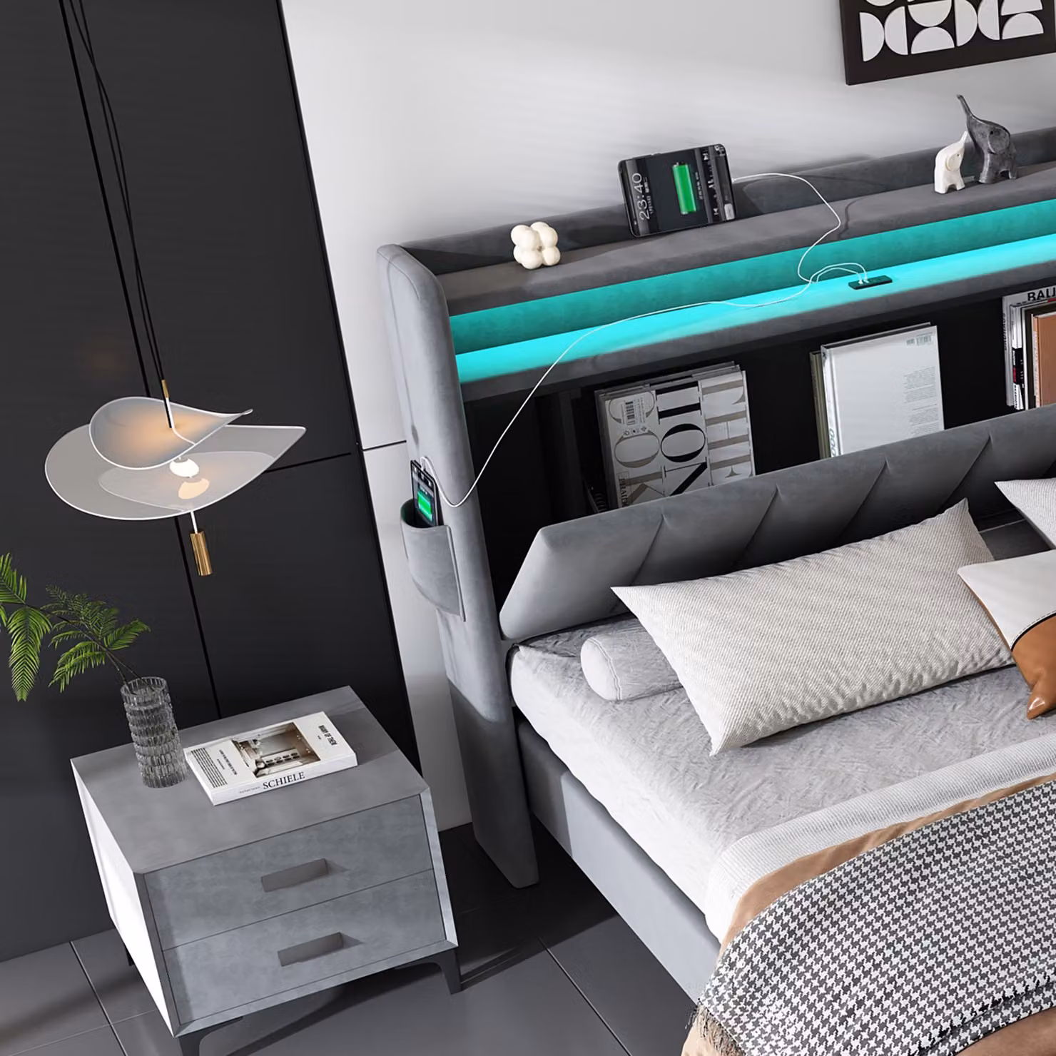 Aosom.UK Double Velvet Upholstered Ottoman Bed with LED Lighting, 4 USB Ports and Under-Bed Storage, Grey, W: 140 cm, D: 204 cm, H: 107 cm – 3