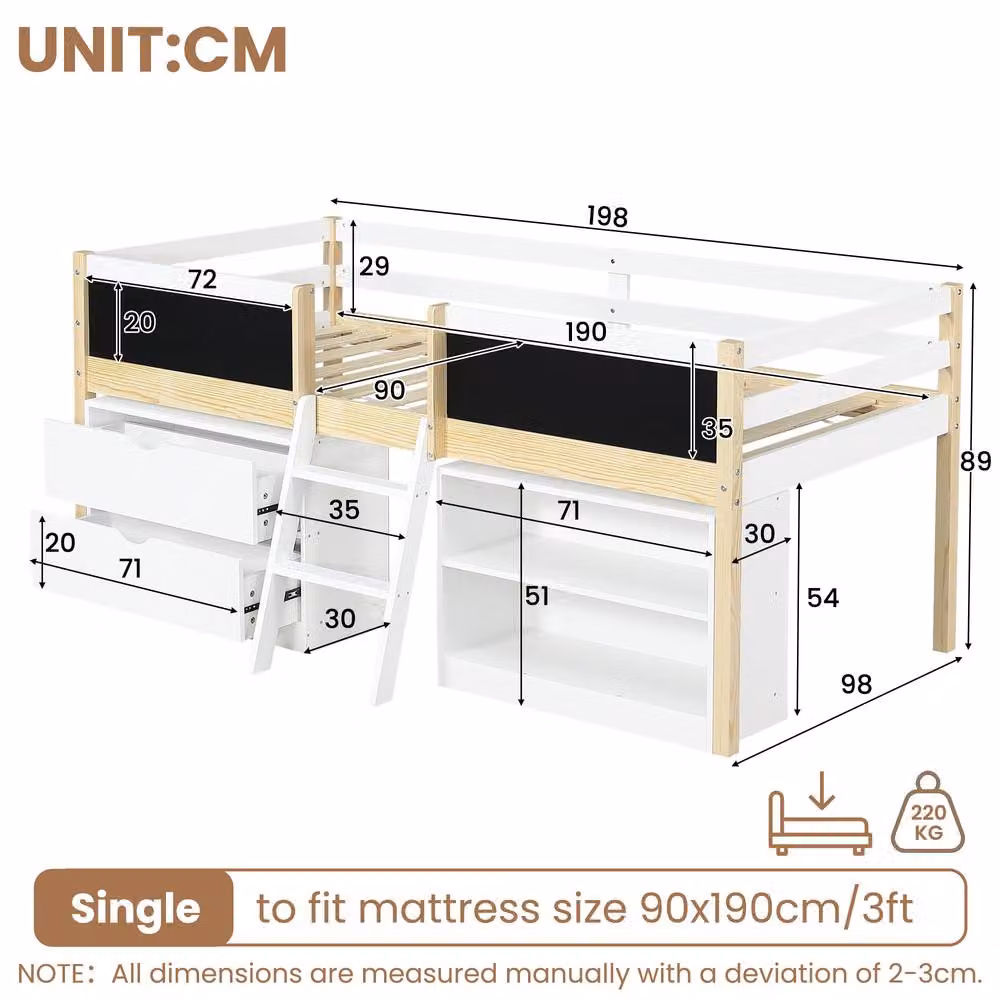 Merax White Single Mid Sleeper Cabin Bed with 2 Drawers and 2 Blackboards, W/D/H: 190 x 90 x 169 cm – 2