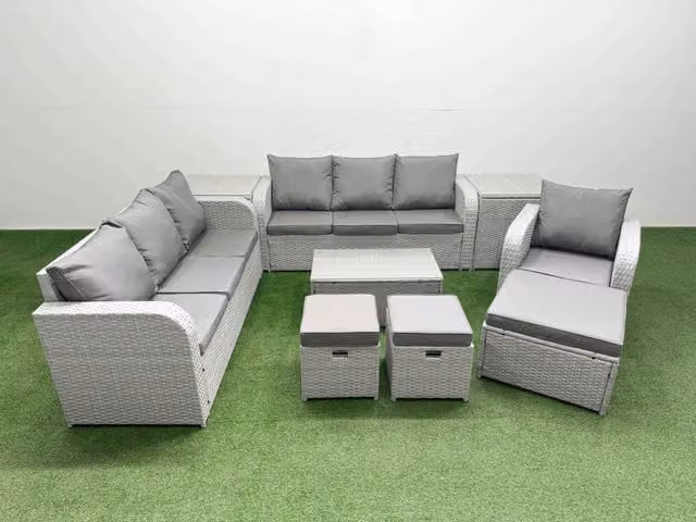 Fimous 10 Seater Poly Rattan Garden Furniture Set in Light Grey with 3 Seater Sofas, Reclining Chairs, Stools, and Side Tables
