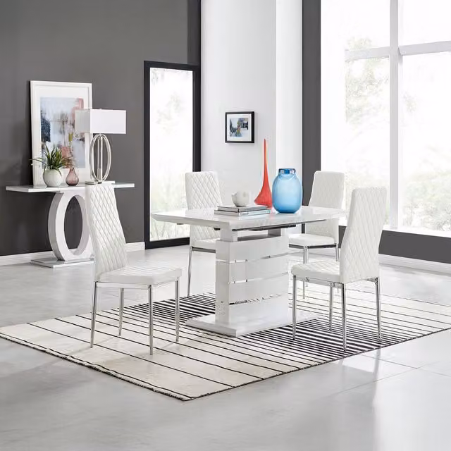 FurnitureboxUK Renato High Gloss Extending Kitchen Dining Table and 4 Milan Chairs in White and Grey