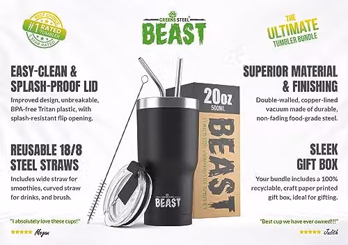 Greens Steel Beast Tumbler, Matte Black, 550 ml, Reusable Stainless Steel Vacuum Insulated Cup with 2 Straws and Cleaning Brush – 2