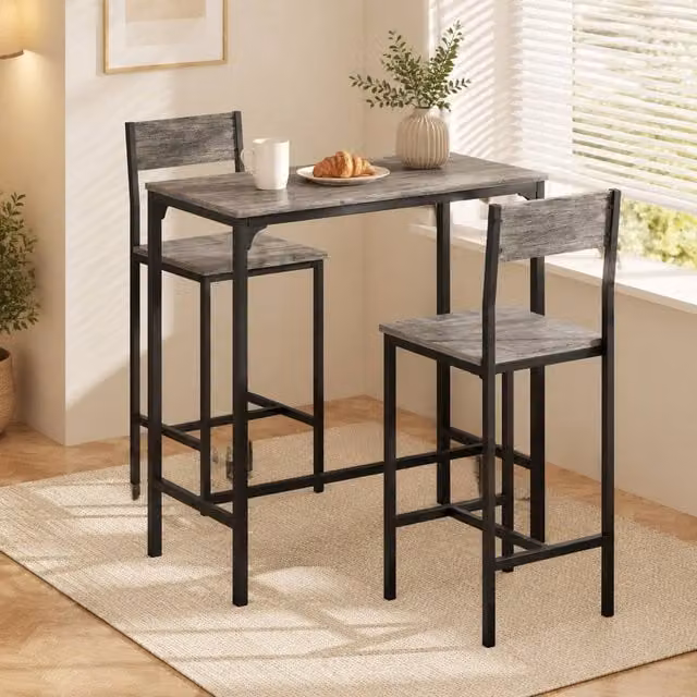 STILVORA 3-Piece Industrial Bar Table Set with 2 Stools in Grey and Black