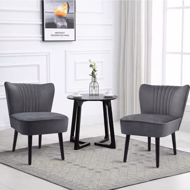 Costway Set of 2 Grey Velvet Accent Chairs with Armrests and Rubberwood Legs