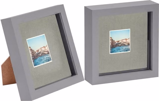 Nicola Spring Pack of 2 Grey Square 3D Box Photo Frames with 2 x 2 inch Mount, W/D/H: 15.24 x 15.24 x 15.24 cm