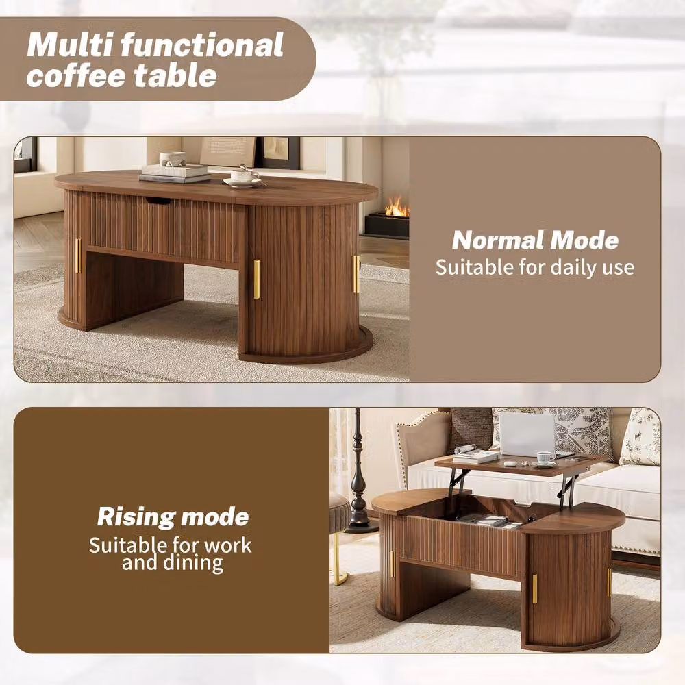 BTM Height Adjustable Coffee Table with Open Shelves and Sliding Doors in Walnut – 5