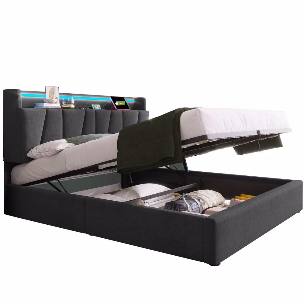 BTM Grey Fabric Double Bed with USB Charging, LED Headboard and Side Storage Compartments W/D/H: 140 x 200 x 135 cm – 5