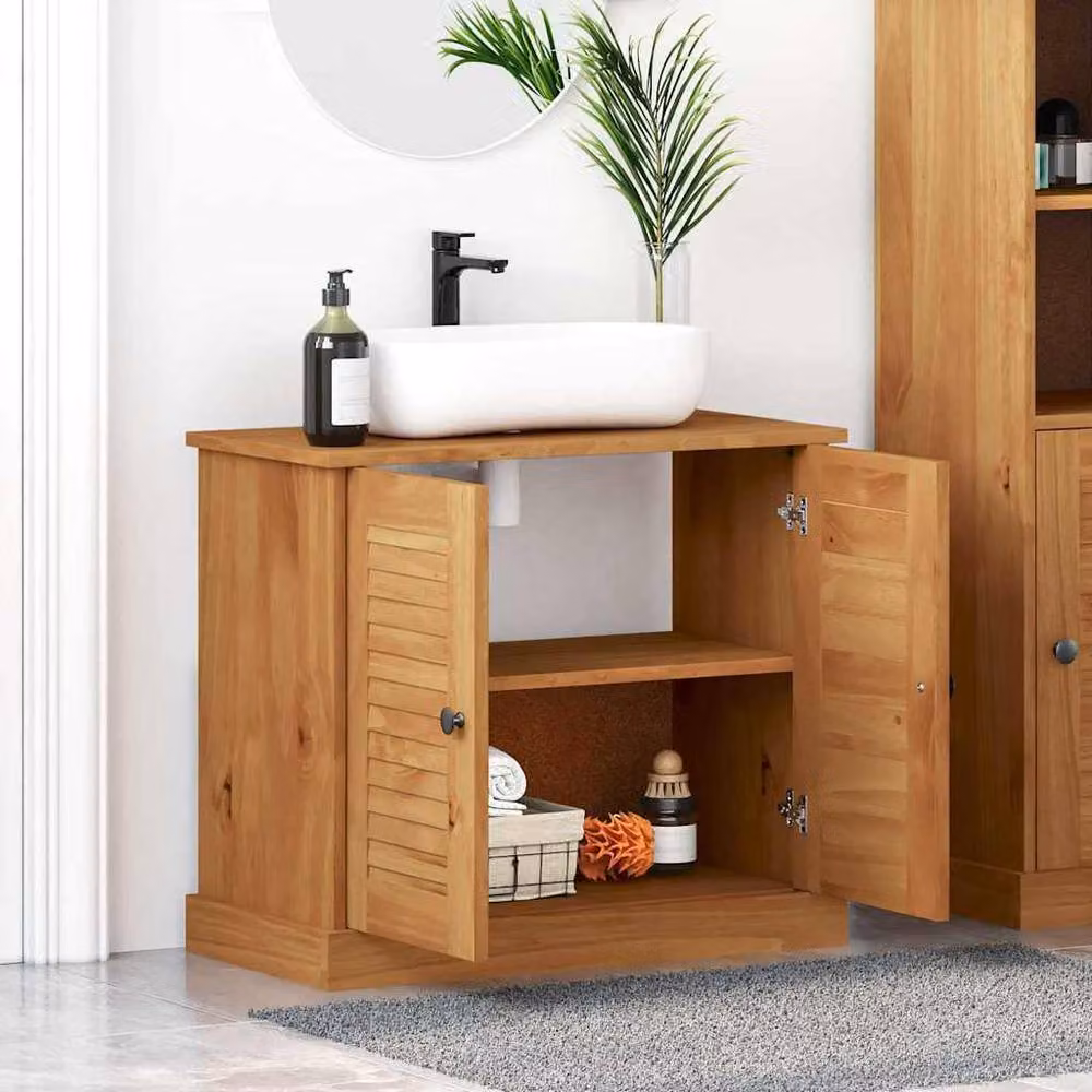 Berkfield Home Modern Brown Pine Bathroom Vanity Unit with Hinged Doors and Internal Shelves – 2