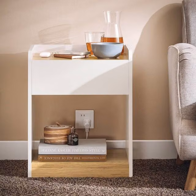 SoBuy Modern White Nightstand with Drawer and Cable Management Grommet – 1