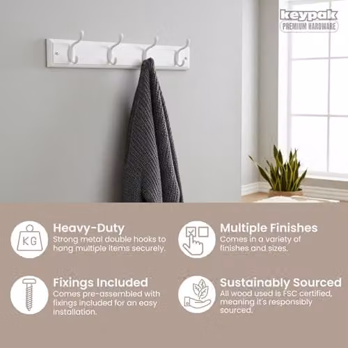 Keypak White Wooden Wall Mounted Coat Rack with 4 Hooks – 2