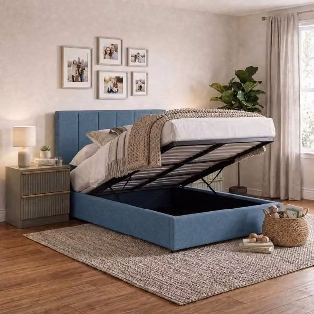FWStyle Hoscar Small Double Ottoman Lift Up Bed Frame, Blue Upholstered – 1