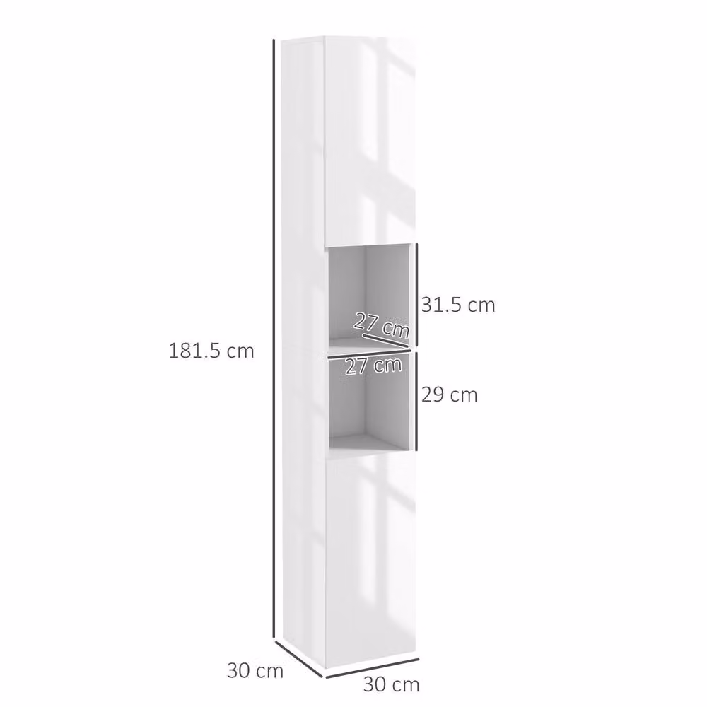 ERGOVEXA White Glossy Freestanding Bathroom Cabinet with Hinged Doors and Internal Shelves, W/D/H: 30 x 30 x 181.5 cm – 2