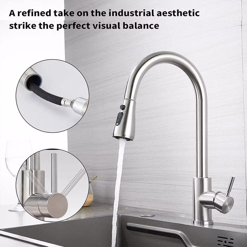 EONLION Silver Kitchen Sink Mixer Tap with Pull Out Spout and Spray Function in Brushed Steel – 3