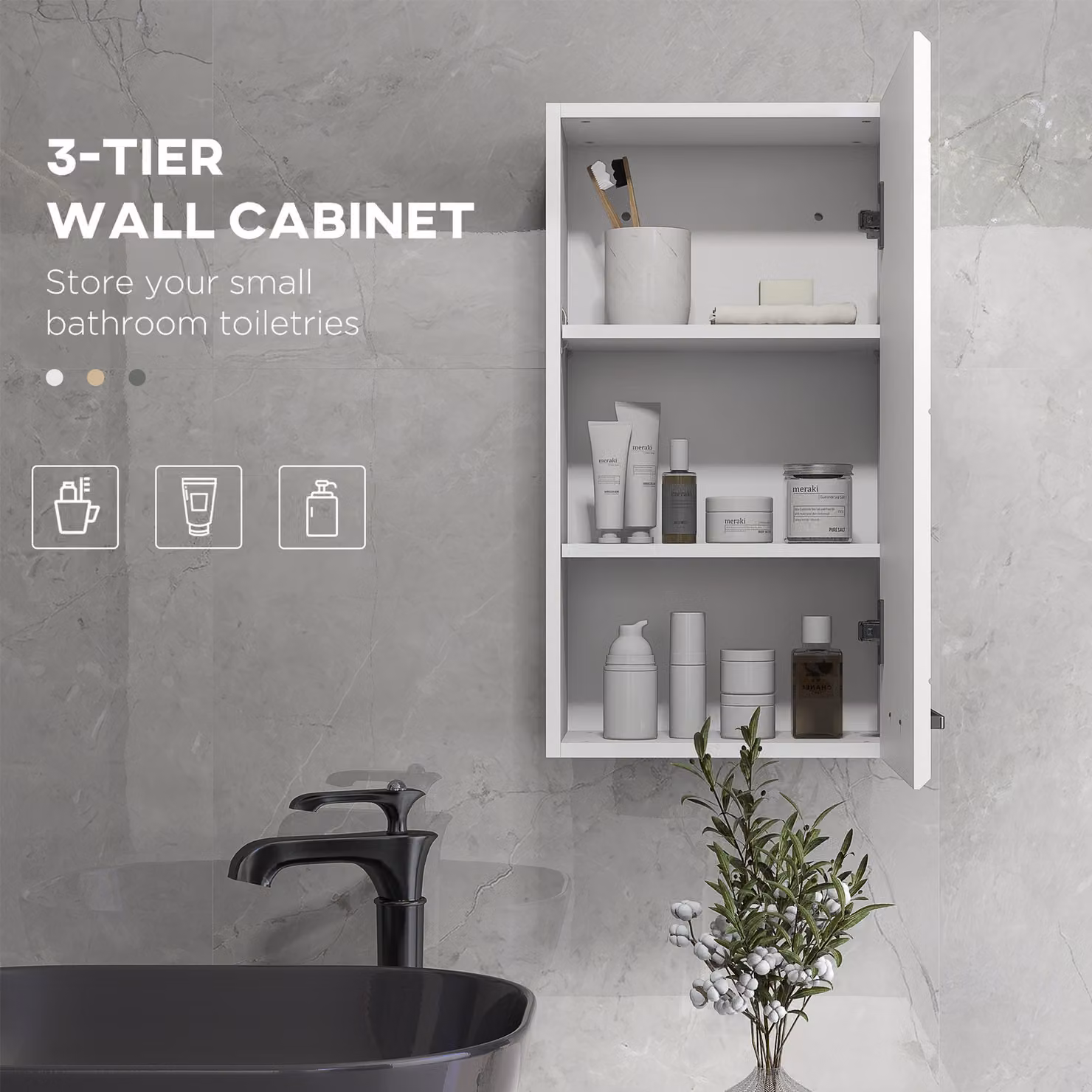kleankin White High Gloss Bathroom Wall Cabinet with Soft-Close Doors and 3 Shelves – 3