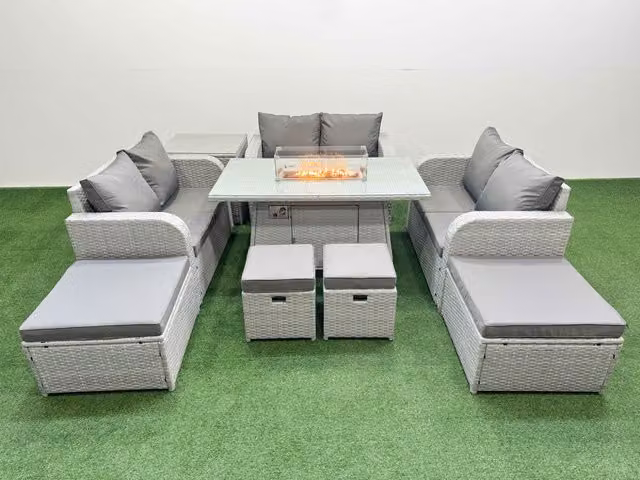 Fimous 10 Seater Outdoor Garden Furniture Set with Gas Firepit Table in Light Grey