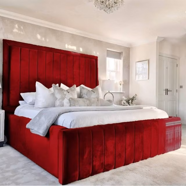 Living Comfort Bedz Geneva Upholstered Velvet Bed Frame with Lift Up Base in Red, W/D/H: 140 x 200 cm