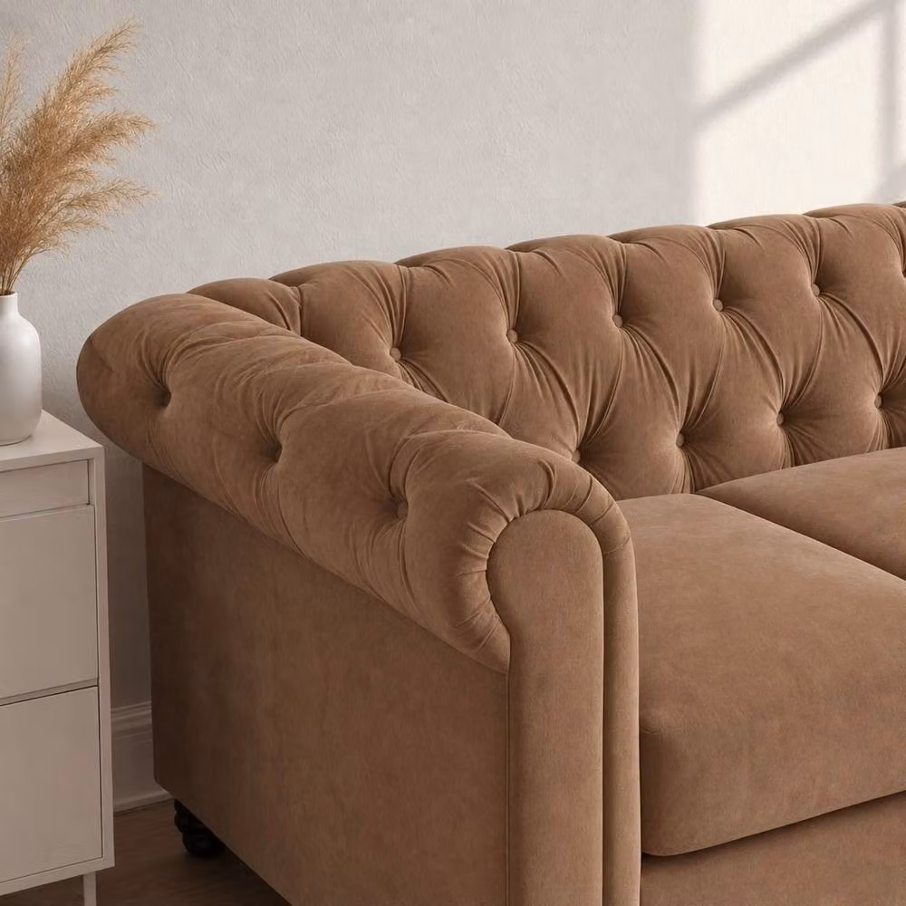 Sofaya Hampton 3 Seater L Shape Chesterfield Sofa in Tan Velvet with Right Hand Chaise – 3