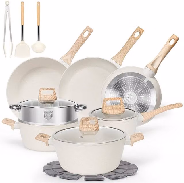 Living and Home 17-Piece Nonstick Ceramic Cookware and Kitchen Utensil Set in Beige