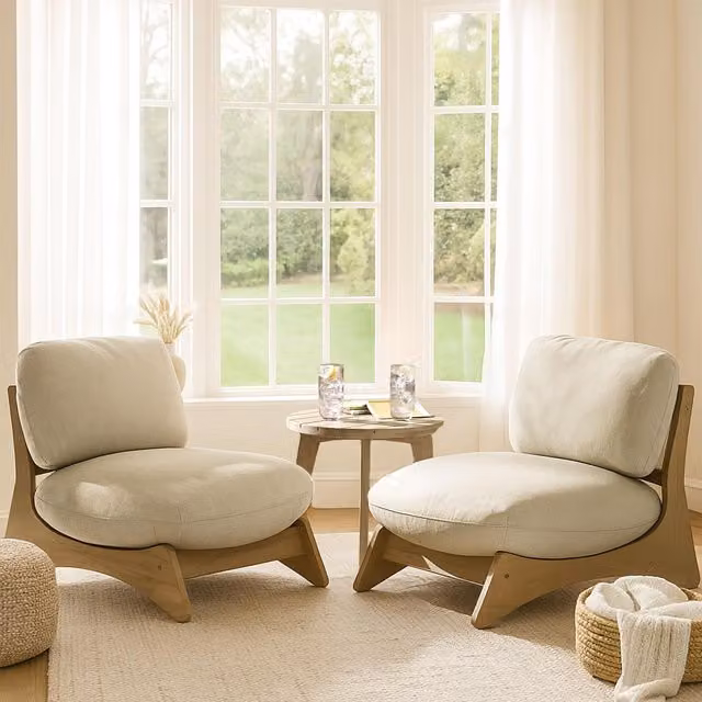 FurnitureboxUK Iko Acacia Wood and Cream Fabric Outdoor/Indoor Set with 2 Chairs and Round Side Table in Brown and Beige
