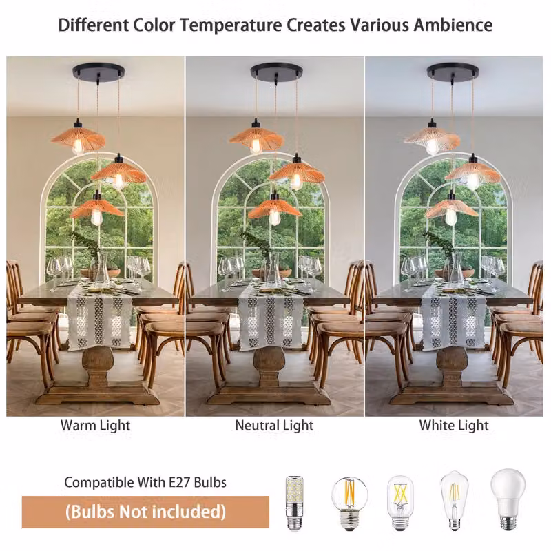 Garwarm 3-Light Rattan Farmhouse Boho Cluster Pendant Light in Bronze – 3