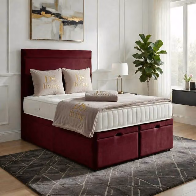 DS Living Majesty Maroon Velvet Upholstered Ottoman Bed, W/D/H: 140 x 200 cm