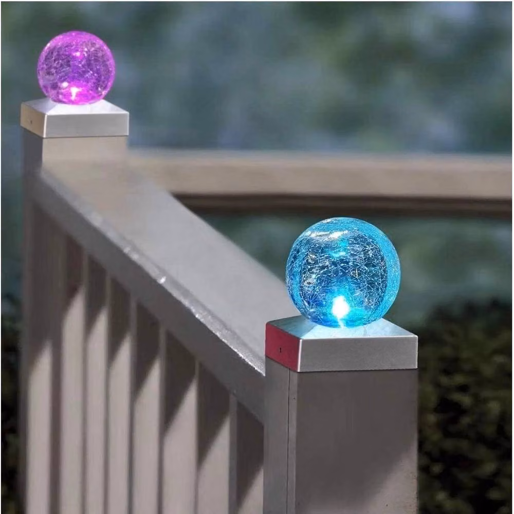 FLAVORA 4-Piece Multicolor Solar Crackle Ball LED Fence Post Lights in Transparent Glass and Silver – 5
