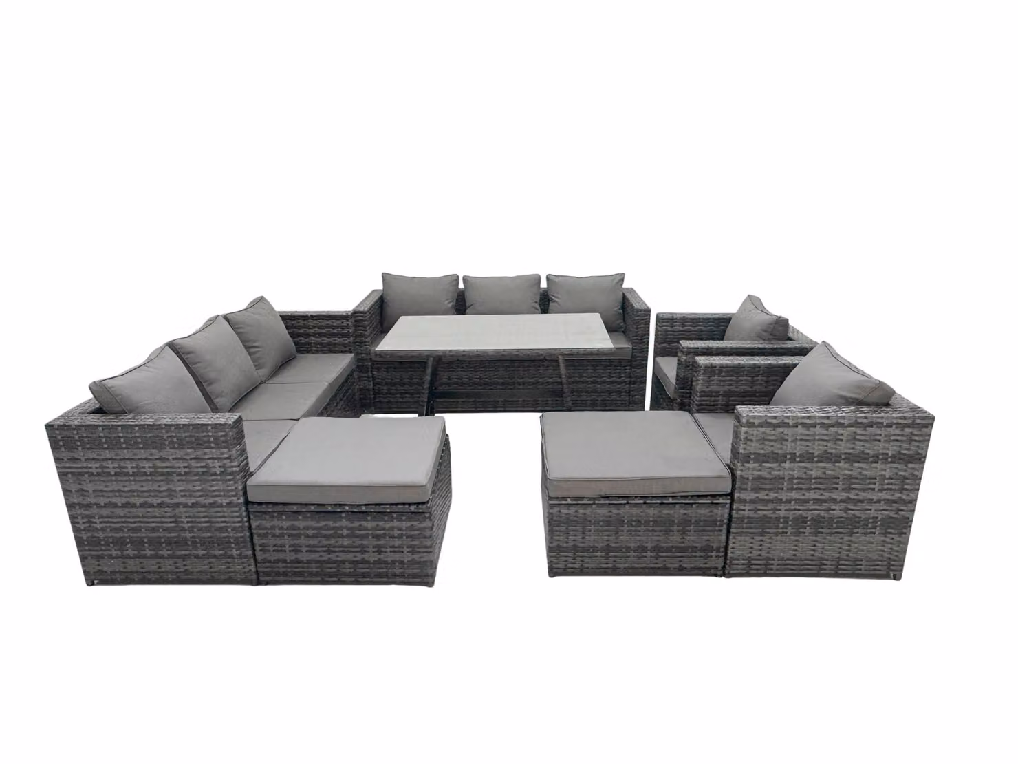 Fimous Rattan Outdoor Dining Set with Table, Sofa and 2 Footstools in Dark Grey, Seats 10 – 2