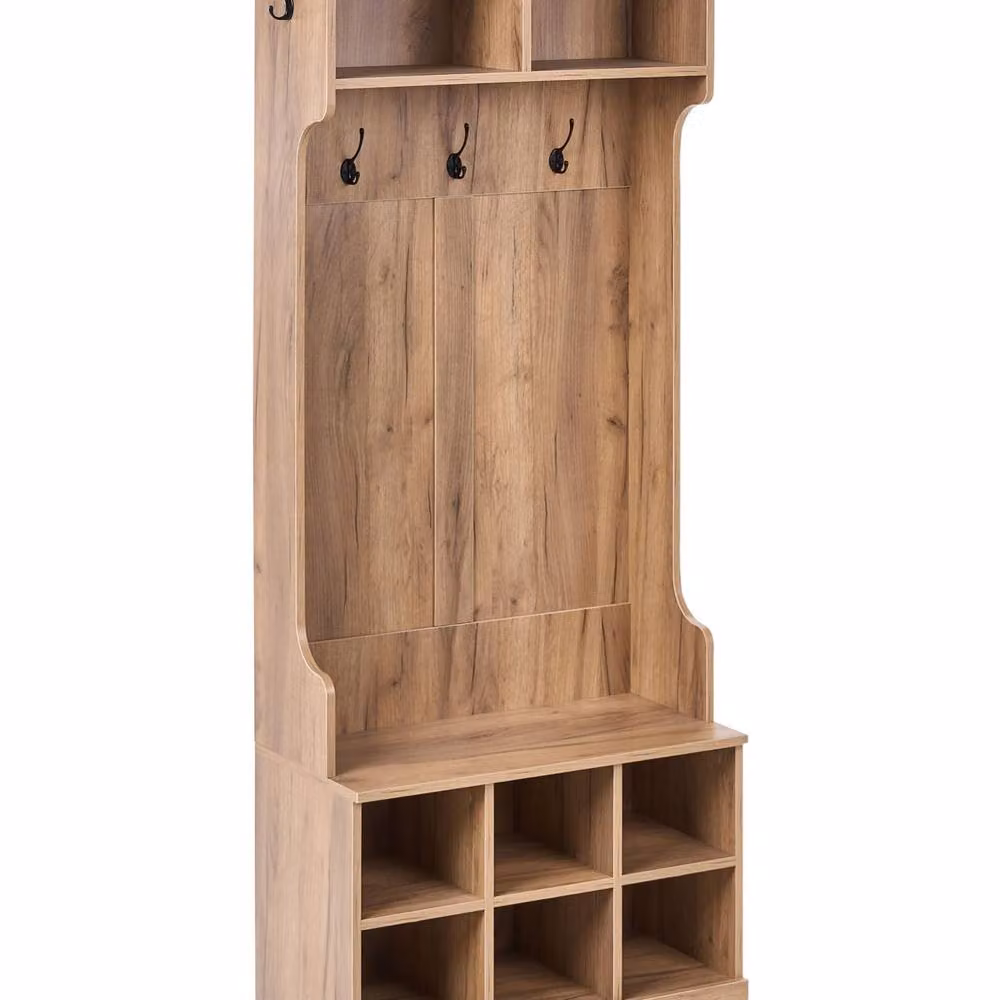 Wyld and Coco Modern Brown MDF Coat Rack and Shoe Storage with Hooks H 180 x W 70 x D 35 cm – 2
